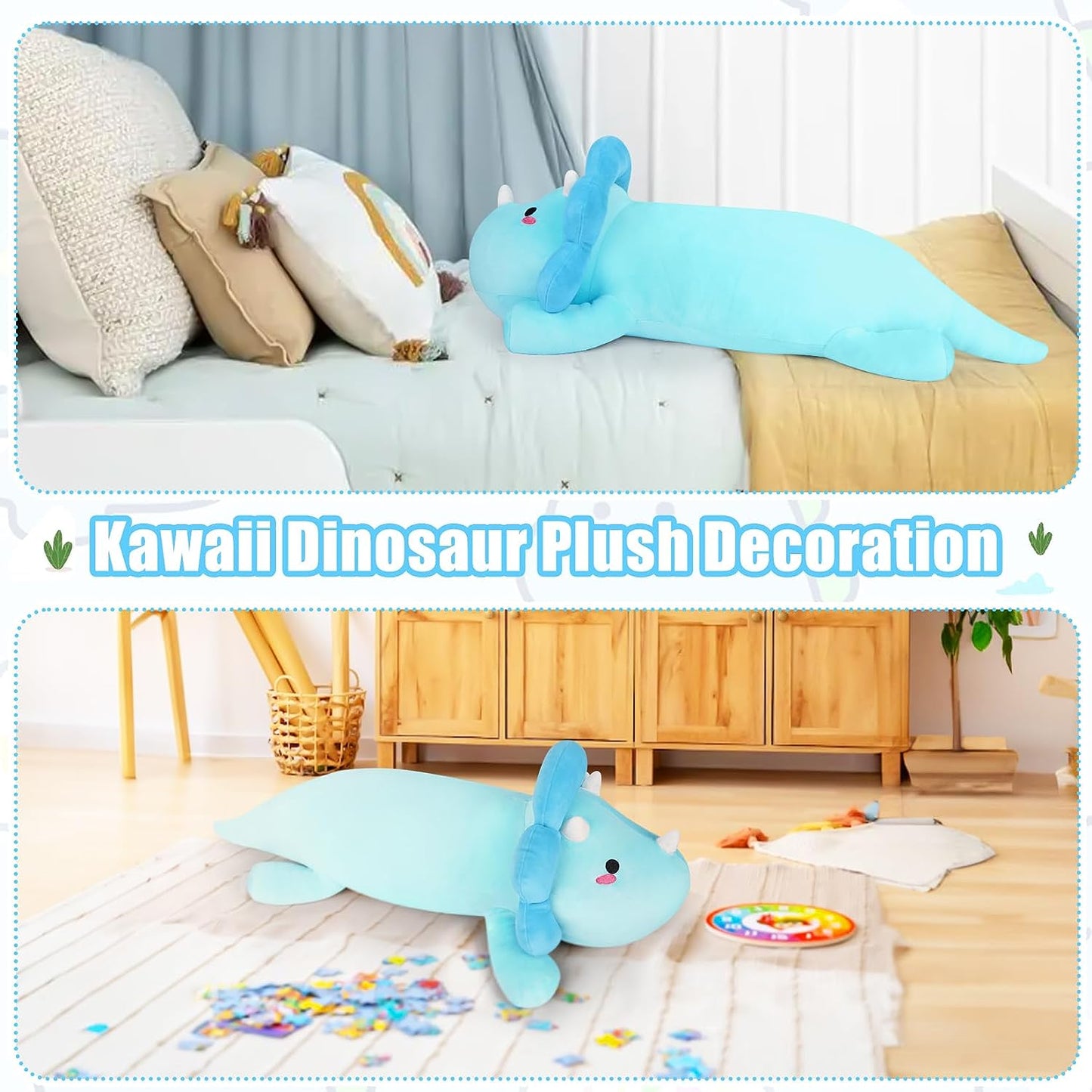 Almohada larga de felpa de dinosaurio, linda almohada de felpa de dinosaurio azul, juguete de peluche de dinosaurio kawaii Marca: Leokawin