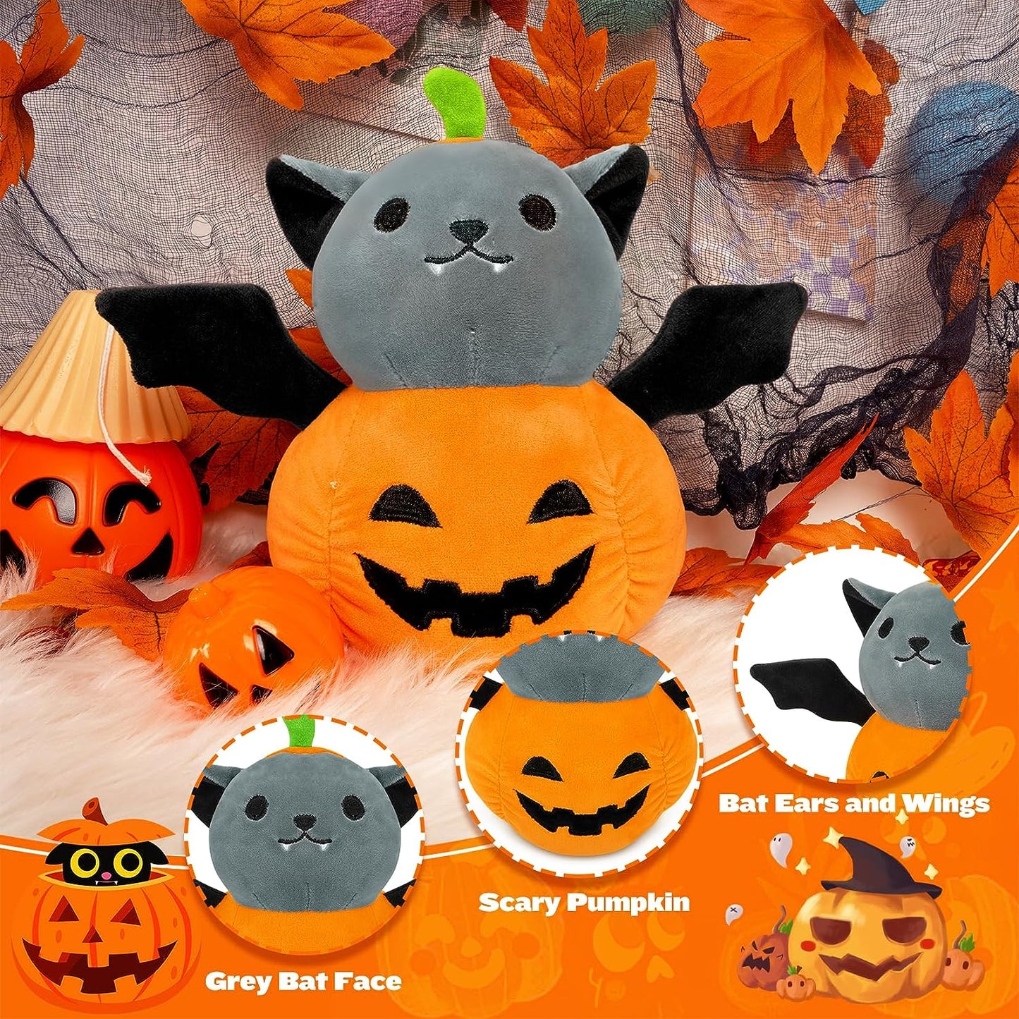 Halloween Bat Plush, 9in Halloween Plush Pumpkin Bat, Kawaii Halloween Bat Plushies, Cute Pumpkin Bat Doll Toys, Halloween Stuffed Animal Toys for Kids