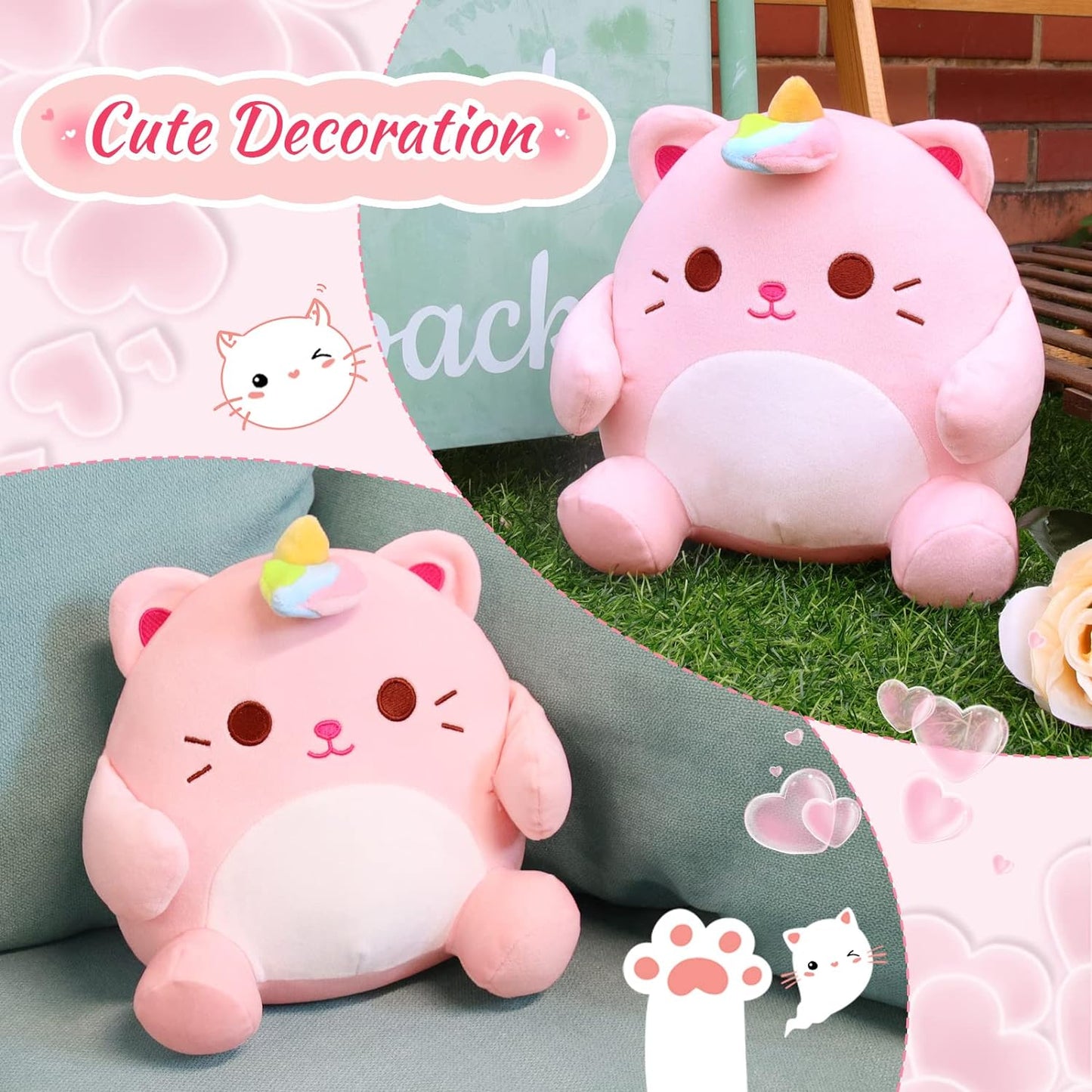 Cat Plush Toy Cat Stuffed Animals, Cute Pink Cat Plushies for Girls, Kawaii Soft Cat Plush Pillow Stuffed Cat Plush Toys for Kids Birthday Christmas Home Decor