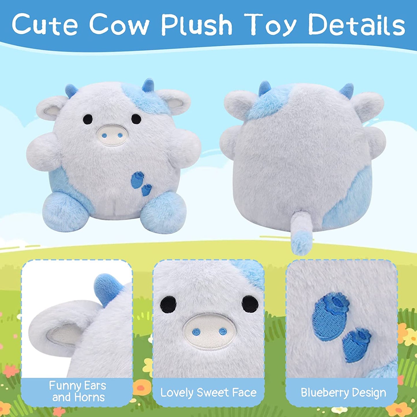 Blueberry Cow Plush - Cute Cow Plush Animals Pillow Toys - Kawaii Cow Plush - Cow Pillow Plush for All Ages - Gift for Valentine's Day Kids Day Home Decoration - Pink