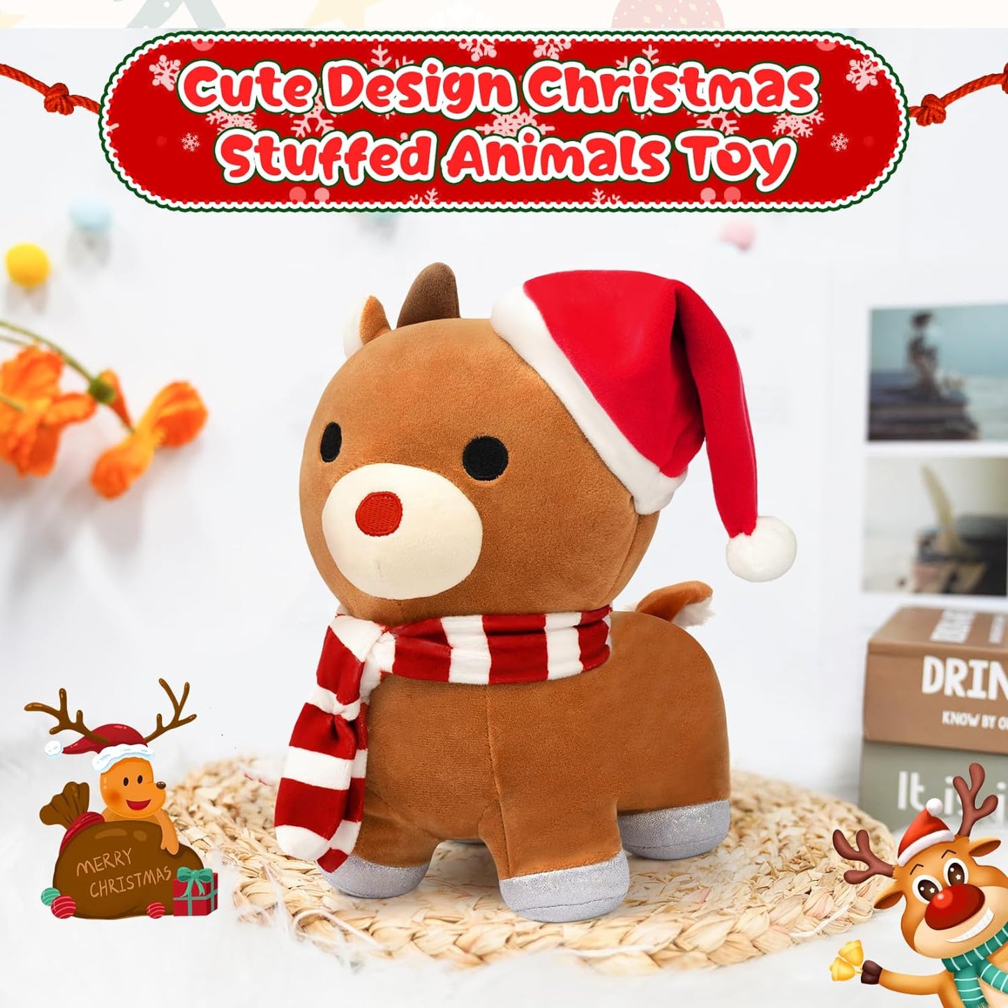 Reindeer Plush, 9-Inch Christmas Plush Christmas Reindeer Stuffed Animal Soft Stuffed Reindeer Plush Toy for Reindeers Lovers Room Decorations