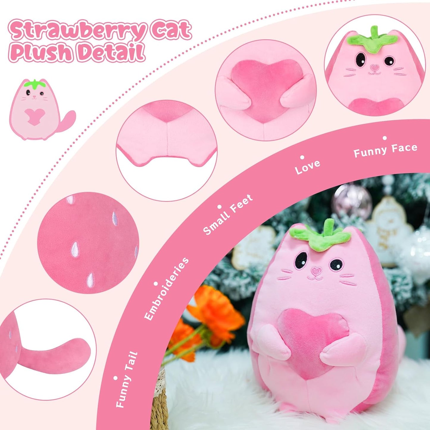 Almohada de peluche de fresa de gato de fresa, lindo juguete de peluche de gato de fresa Kawaii, muñeca de felpa de gato de fresa, suave y lindo regalo para niños y niñas