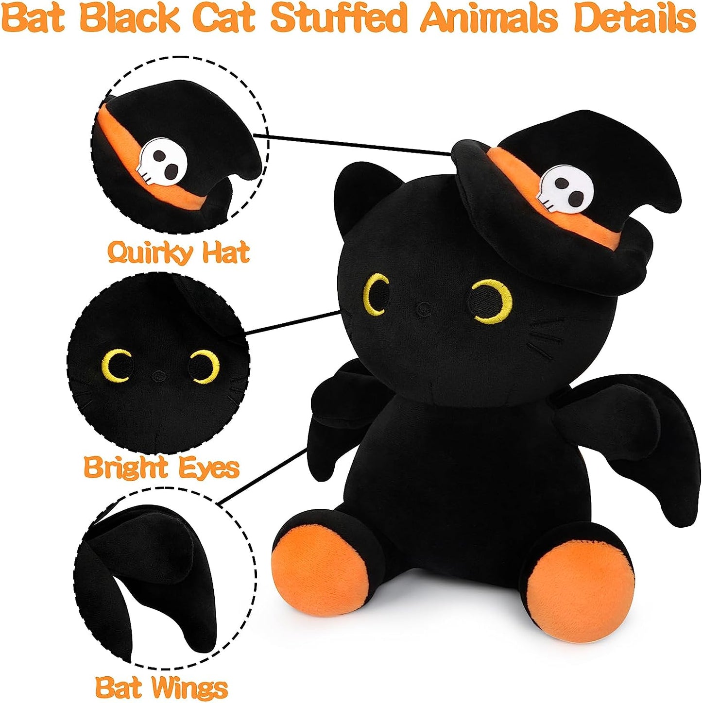 Peluche de gato negro de Halloween, gato negro con sombrero, lindo murciélago negro juguetes de muñeca de peluche, regalos de decoración de Halloween para niños
