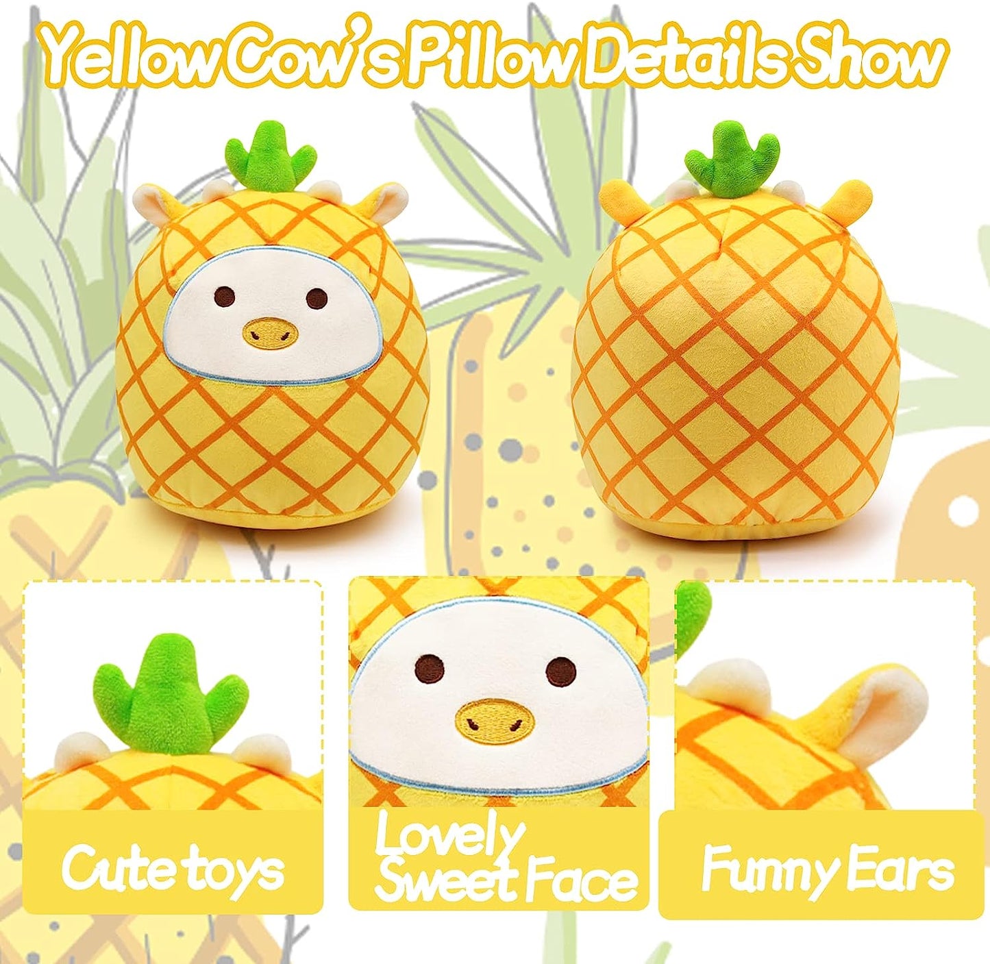 Cow Stuffed Animals Cow Plush Pillow, Cute Cow Pillow Yellow Cow Plushie, Fruit Pillow Cow Plush Toy Stuffed Animal Cow for Girls Boys Kids Christmas Birthday Gifts Home Car Party Decoration