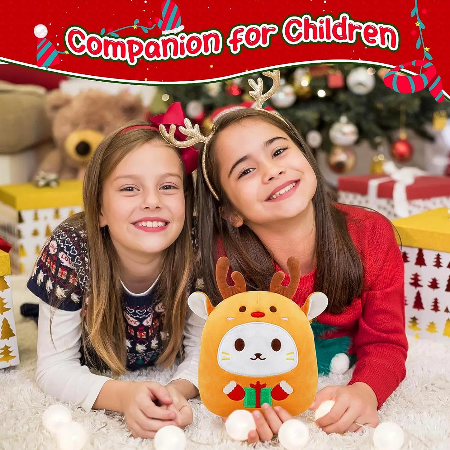 Deer Cat Plush Toys, 10inch Cute Deer Cat Stuffed Animal Deer Stuffed Animal, Soft Cat Pillow Kawaii Deer Plush Pillow for Kids Birthday, Christmas Plush Gift for Girls and Boys