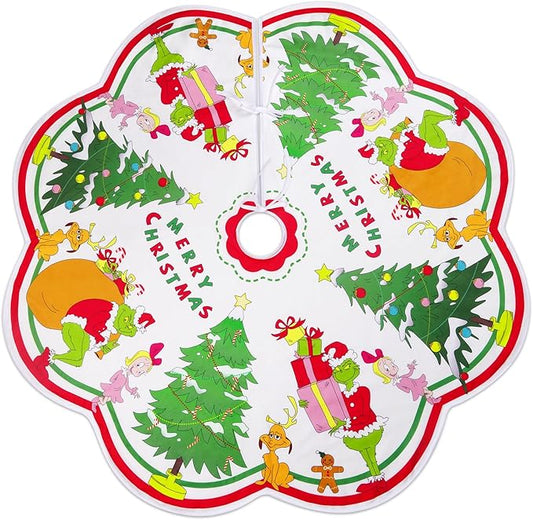 Christmas Tree Skirt, 48 Inch Large Scalloped Tree Skirts Elf Christmas Decorations for Tree, Christmas Party Tree Decorations Mat Holiday Party Farmhouse Decor