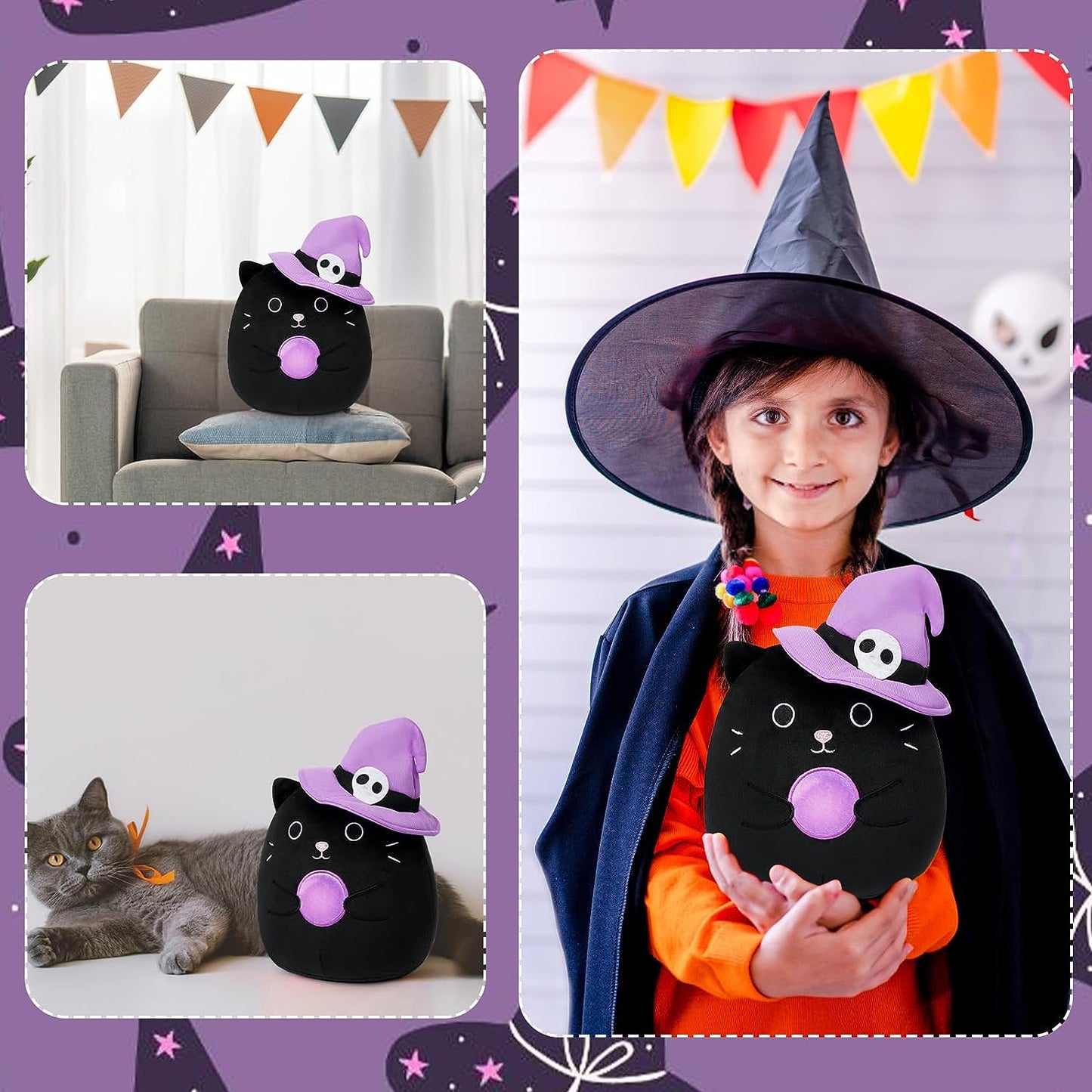 Halloween Cat Plush, 8in Halloween Stuffed Animal Cat, Kawaii Halloween Plush Cat, Halloween Cat Pillow Plush, Cute Cat Doll Toys Decor