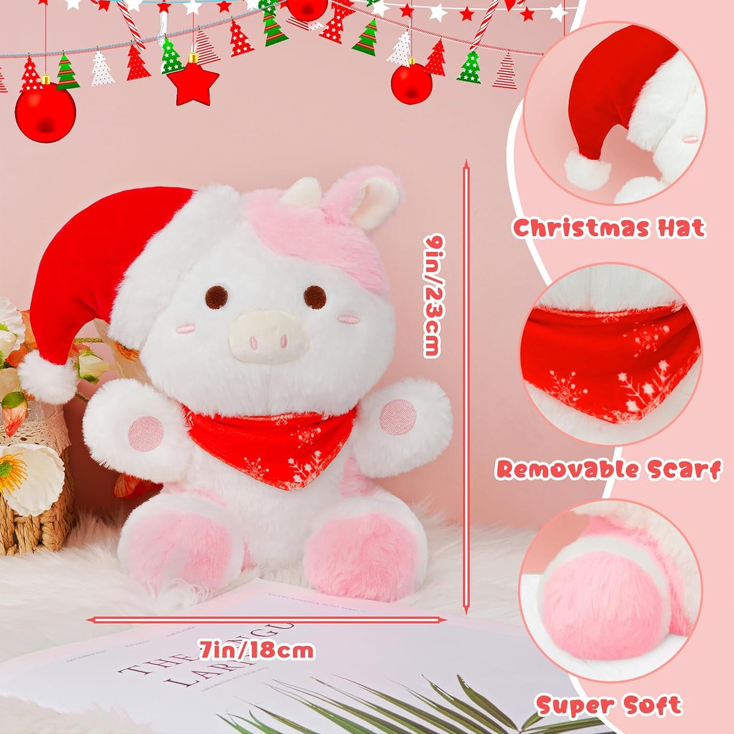 Cow Plush Christmas Cow Stuffed Animal Toy, Soft Cow Plushie Pillow, Cute Pink Cow Stuffed Doll Toy for Kids Boys Girls Kawaii Christmas Decoration (Cow)