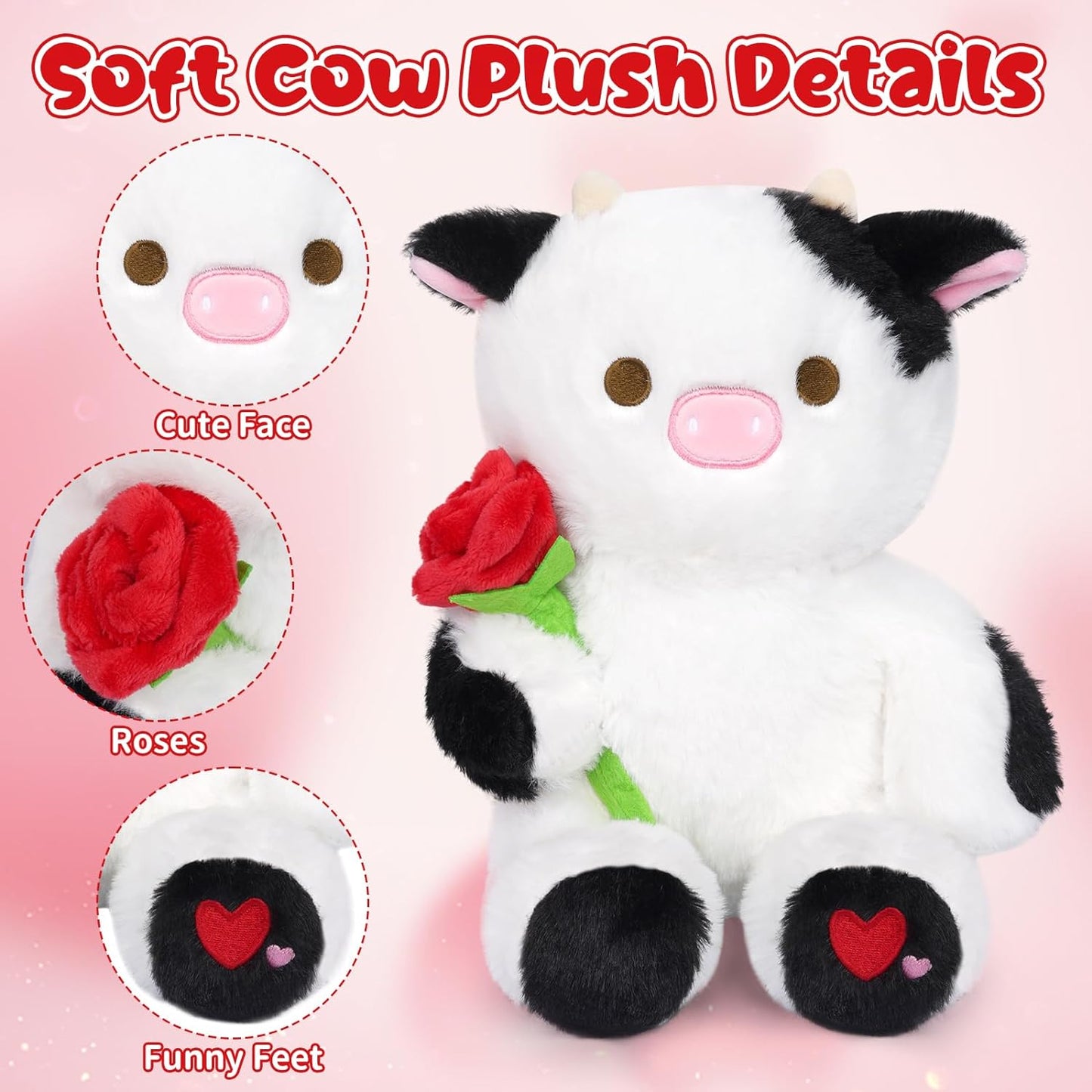 Cute Black Cow Plush Pillow Toy Valentine's Day Plush Cow Doll, Valentine's Cow Stuffed Animal Toys, Valentine's Day Gift for Girlfriends (Pink Cow)