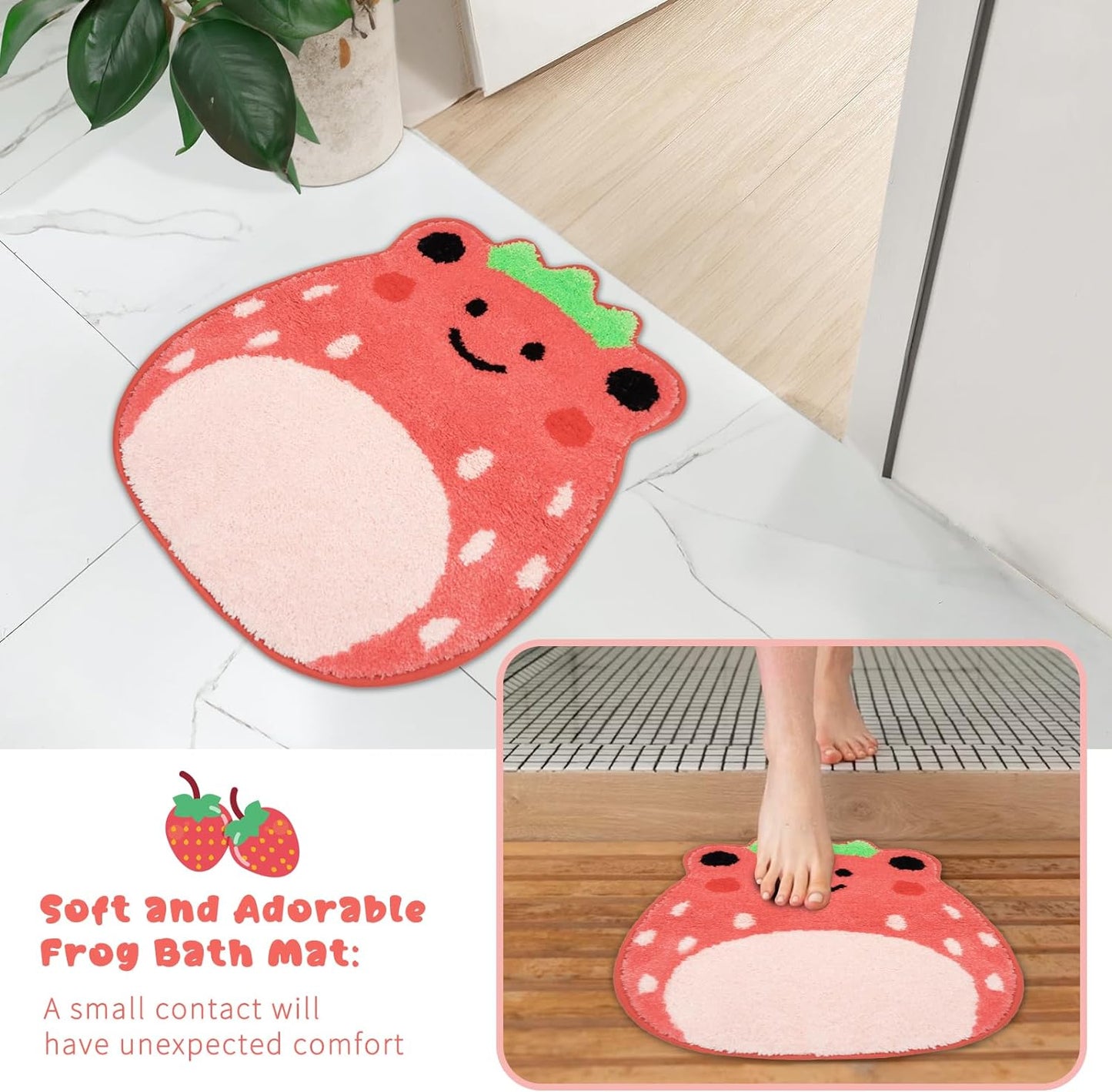 Bathroom Rugs Bathroom Mat, Kawaii Strawberry Frog Bath Rug, Cute Bath Mat Entryway Floor Mat, Non Slip Absorbent Bath Rug for Bathroom 20x24.5inch