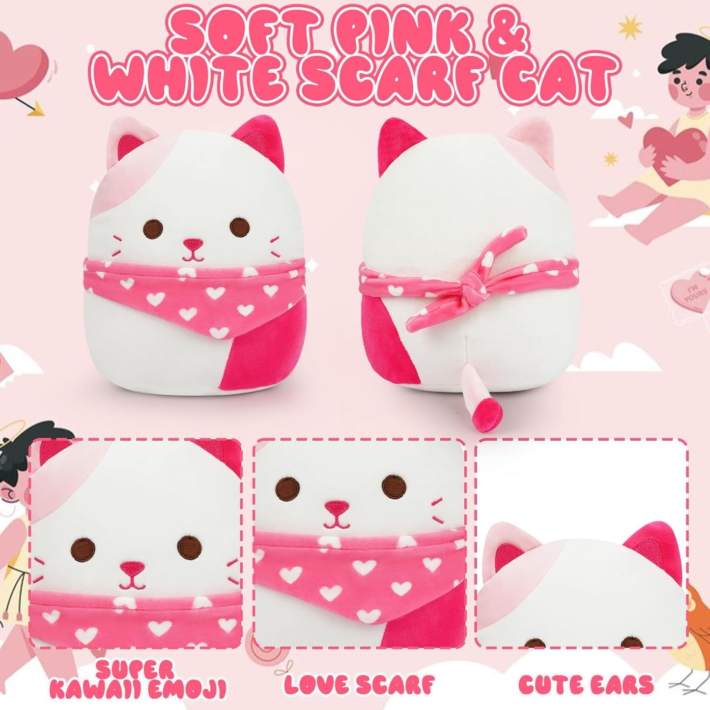Cat Stuffed Animal Cute Cat Plush Toy, 8in Valentine's Day Love Cat Plush Doll, Kawaii Cat Plush with Collar Scarf, Cute Plushies Gifts for Kids Girlfriends