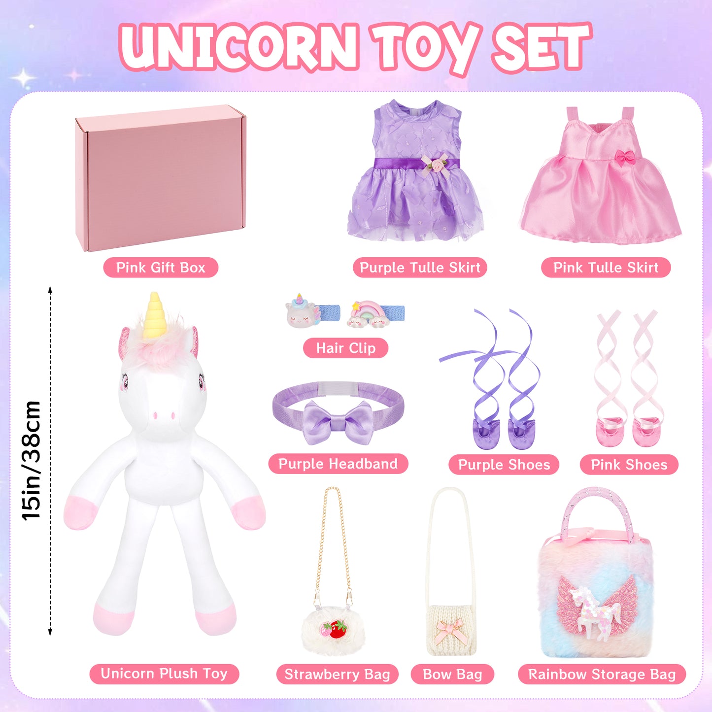 Unicorns Toys for Girls Age 4-10, 11PCS Ballerina Doll Unicorn Stuffed Animals Toy with 2 Set Ballerina Dresses, Shoes, Bags & Hair Clips, Birthday Gifts Set for Girls