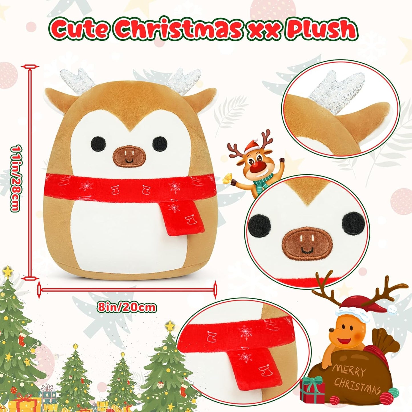 Christmas Elk Plush, Christmas Stuffed Animal Deer Plush Toys Elk Christmas Stuffed Toys, Soft Christmas Plush Elk Pillow for Kids Christmas Decor