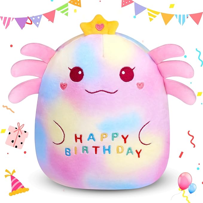 Happy Birthday Plush Toy, 8Inch Cute Axolotl Plush, Axolotl Stuffed Animals Soft Birthday Plush, Kawaii Axolotl Plushie Doll Home Party Decoration Birthday Gift for Kids Boys Girls