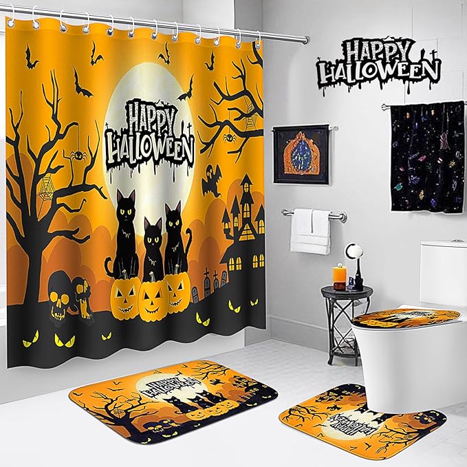 Halloween Shower Curtain Set for Bathroom, 4Pcs Pumpkin Bathroom Sets with Waterproof Shower Curtain, Non Slip Rugs, Toilet Lid Cover, Bath Mat, Halloween Bathroom Decor with Curtain Hooks