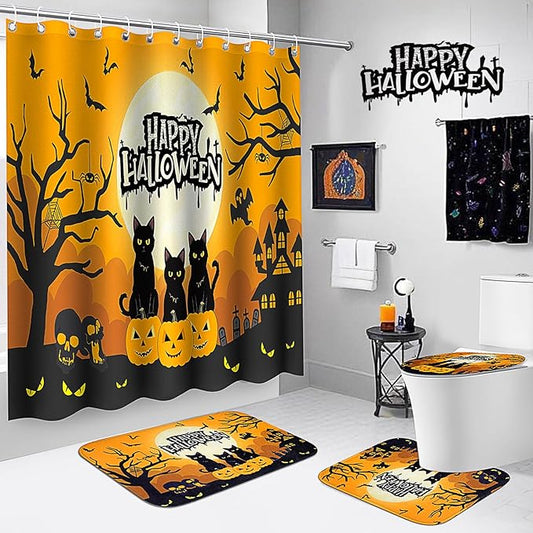 Halloween Shower Curtain Set for Bathroom, 4Pcs Pumpkin Bathroom Sets with Waterproof Shower Curtain, Non Slip Rugs, Toilet Lid Cover, Bath Mat, Halloween Bathroom Decor with Curtain Hooks