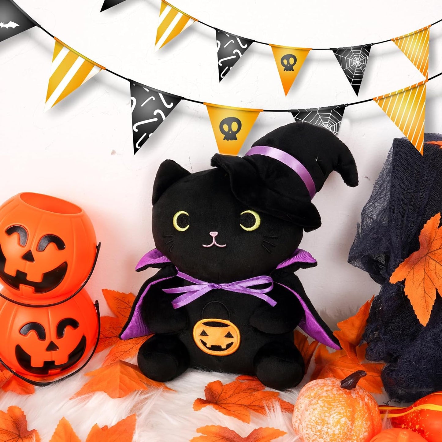 Halloween Plush Black Cat Plush - 9inch Halloween Black Cat Stuffed Animal Witch Cat Plushie - Cute Halloween Stuffed Toys Decorations Halloween Plushies Gift for Kids