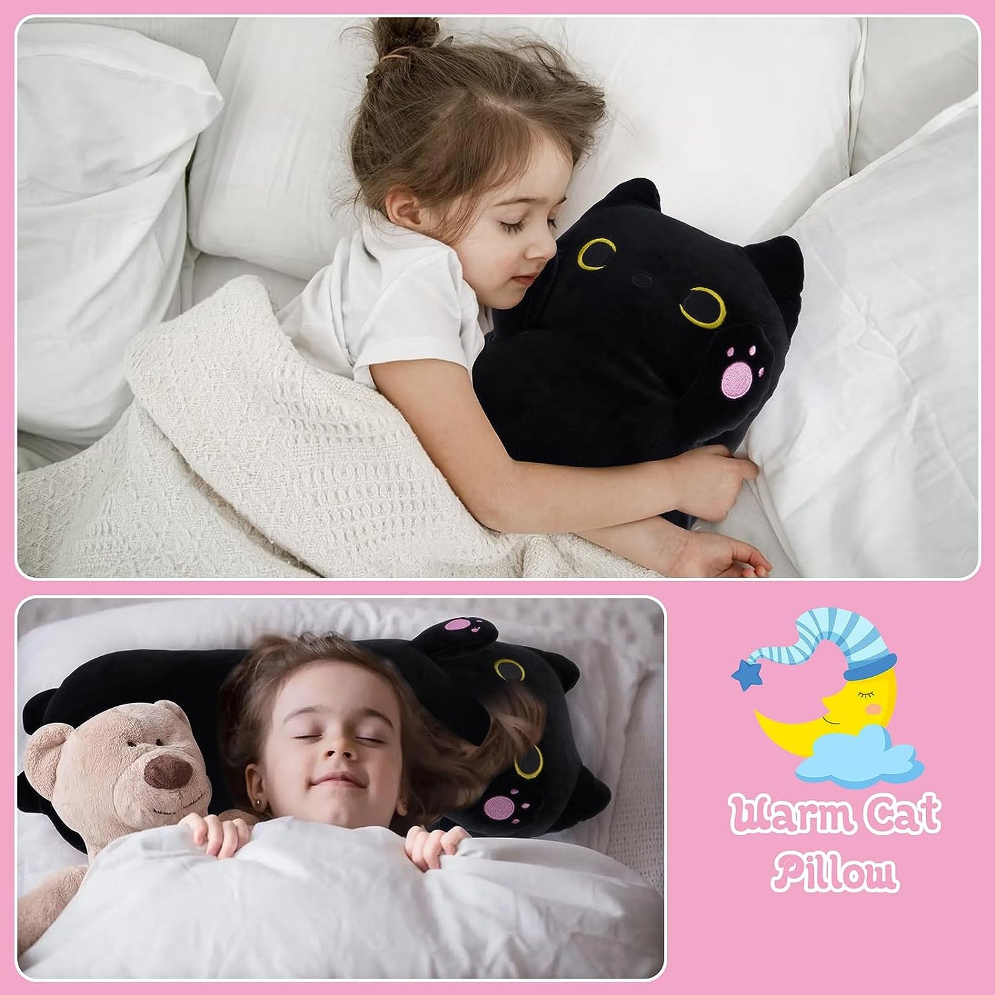Almohada larga de felpa para gato, 24 pulgadas, lindo animal de peluche de gato negro, peluche de gato largo de dibujos animados, suave gato negro de peluche para niños, cumpleaños, Halloween