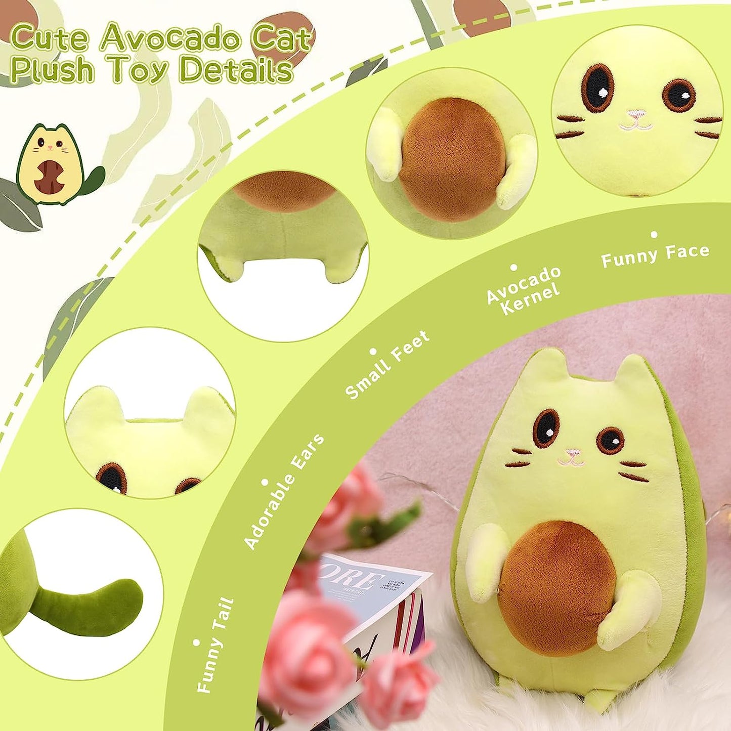 Almohada de aguacate de animales de peluche de aguacate, lindo juguete de peluche de aguacate y gato, muñeca de peluche de aguacate verde Kawaii, almohada de felpa de gato verde suave regalo para niños y niñas