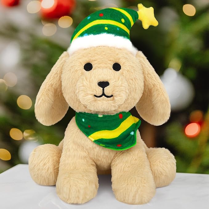 Dog Plush Christmas Stuffed Animal Plush Toy, Cute Christmas Plush Dog Stuffed Puppy Doll for Kids Boys Girls, Kawaii Christmas Decor (Green Hat)