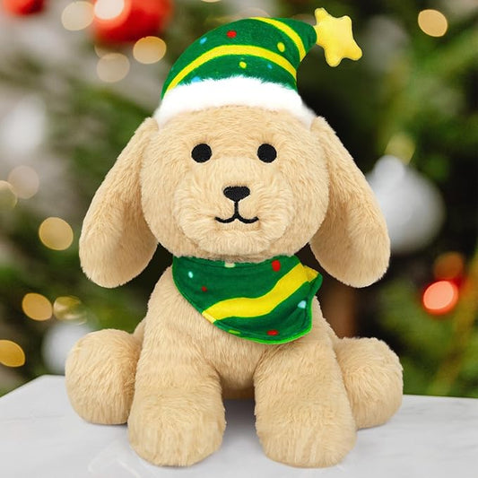 Dog Plush Christmas Stuffed Animal Plush Toy, Cute Christmas Plush Dog Stuffed Puppy Doll for Kids Boys Girls, Kawaii Christmas Decor (Green Hat)
