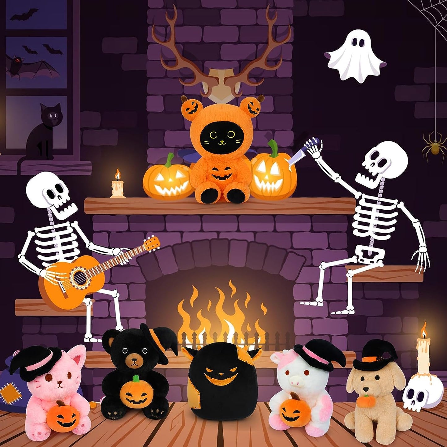 Pumpkin Plush Cat Stuffed Animals, Halloween Black Cat Plushie Cat Plush Pillows, Kawaii Creative Soft Stuffed Cat Toy Halloween Plush Gifts Decorations for Kids Girls Boys