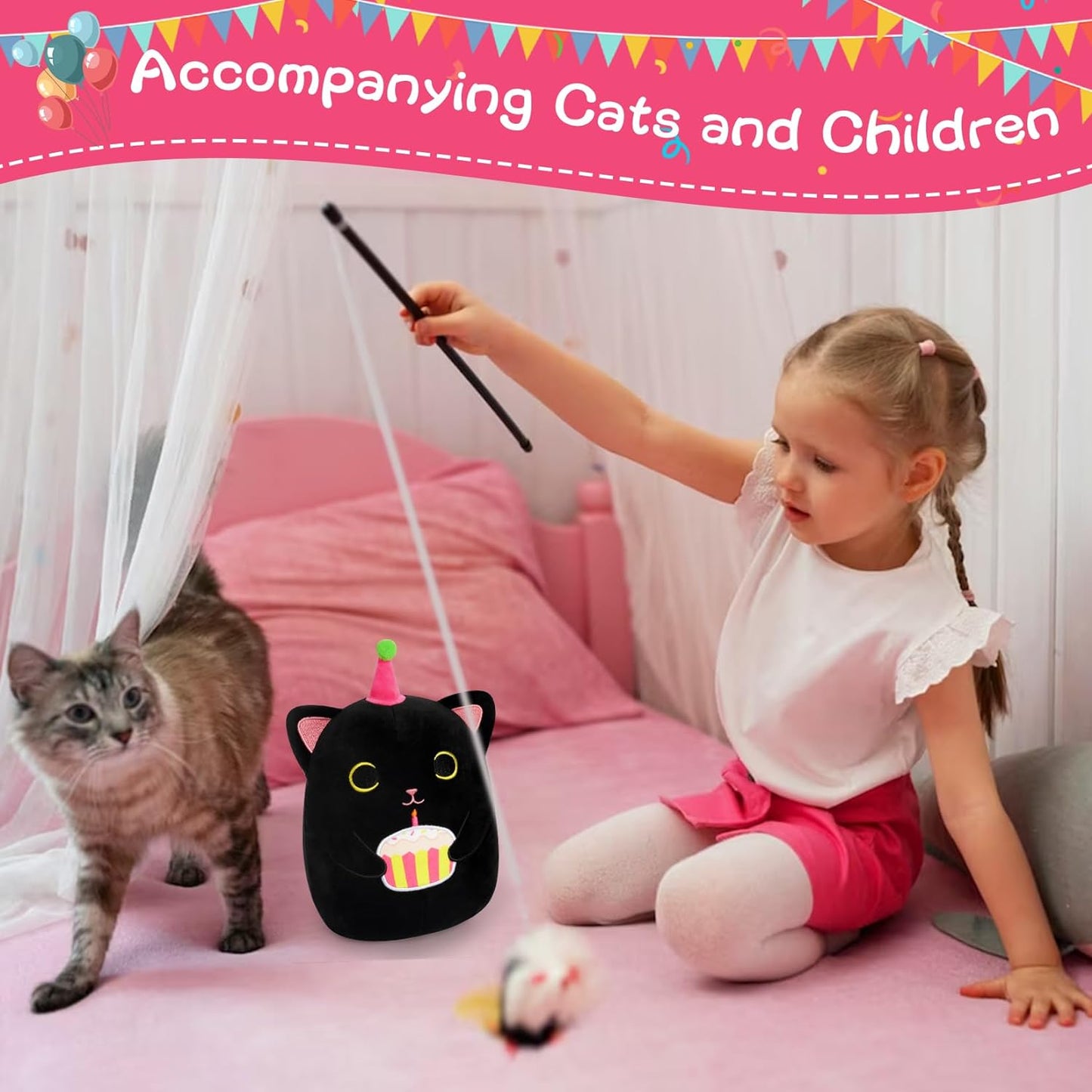 Black Cat Plush, 8 inch Birthday Cat Stuffed Animal Happy Birthday Plush Cute Cat Plush Pillow with Cake, Kawaii Cat Plushie Birthday Plush for Girls, Boys and Cats