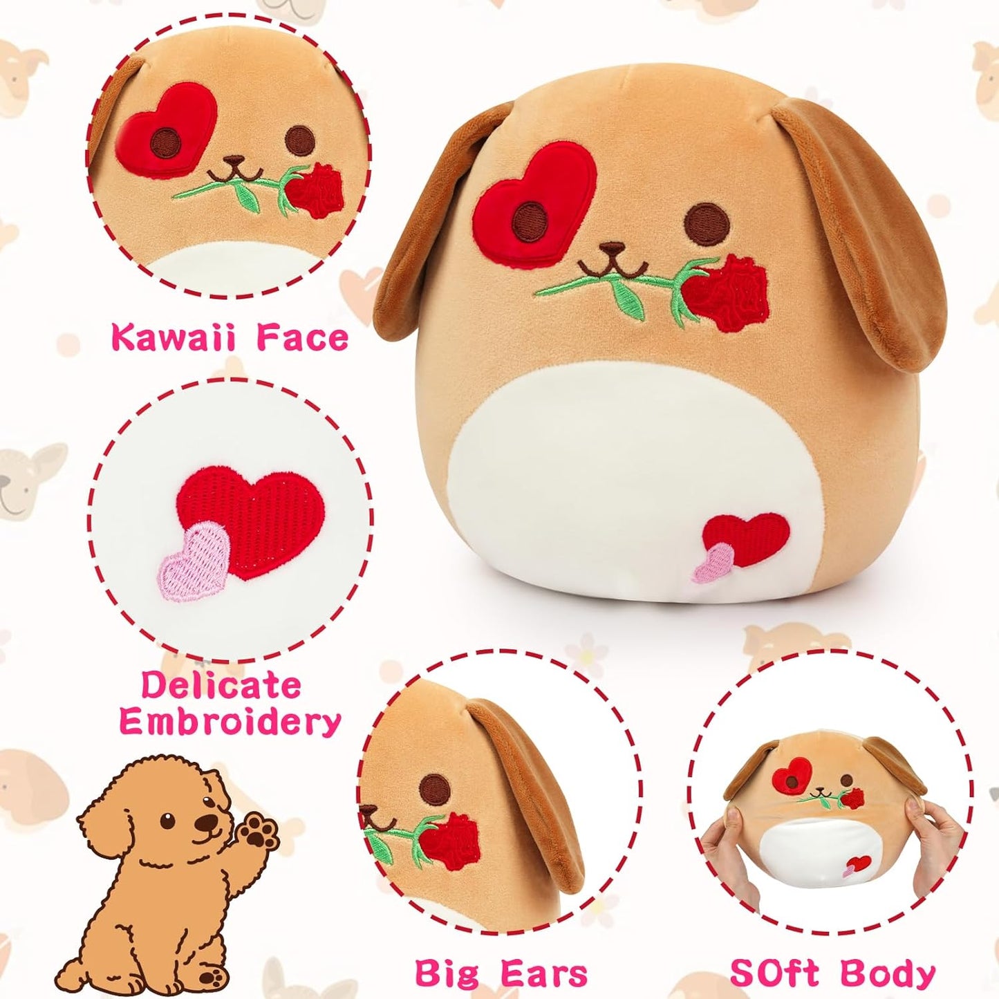 Valentine's Day Plush Dog Stuffed Animal Toys, Cute Valentines Day Dog Plush Gripper Rose, Kawaii Brown Heart Dog Plushie Doll, Soft Dog Plush Gift for Girlfriends Valentine's Day