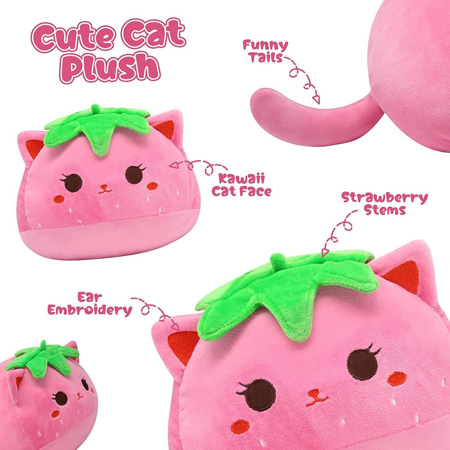 Strawberry Cat Plush - 8 Inch Kawaii Strawberry Cat Pillow, Cute Strawberry Cat Stuffed Animal Plush, Cat Plush Toy Birthday, Party Gift for Kids, Girlfriend and Sisters