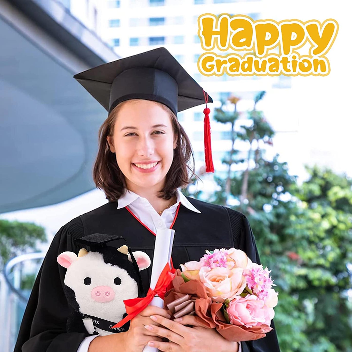 Cow Stuffed Animals Cow Plush Pillow, Cow Graduation Plush Black Cow Plushie, Graduation Cow Plush Toy White Stuffed Animal Cow for Girls Boys Graduation Party College Graduation Gift