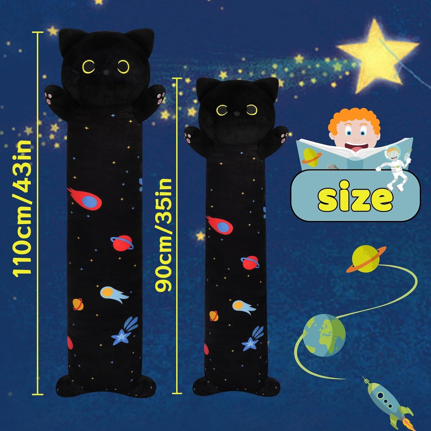 Long Cat Plush Long Cat Body Pillow, 43" Cute Long Cat Stuffed Animals，Soft Kawaii Long Cat Plushie, Black Cat Plush Long Space Cat Pillow Stuffed Cat Toys for Kids Birthday