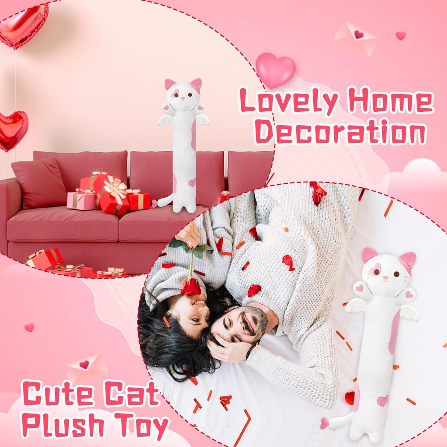 Long Cat Plush Body Pillow, 22Inch Cute Cartoon Cat Stuffed Animals Cat Plushie Pillow, Soft Pink Kitten Plush Sleeping Throw Pillow Stuffed Cat Toy Gifts for Kids Valentine's Day