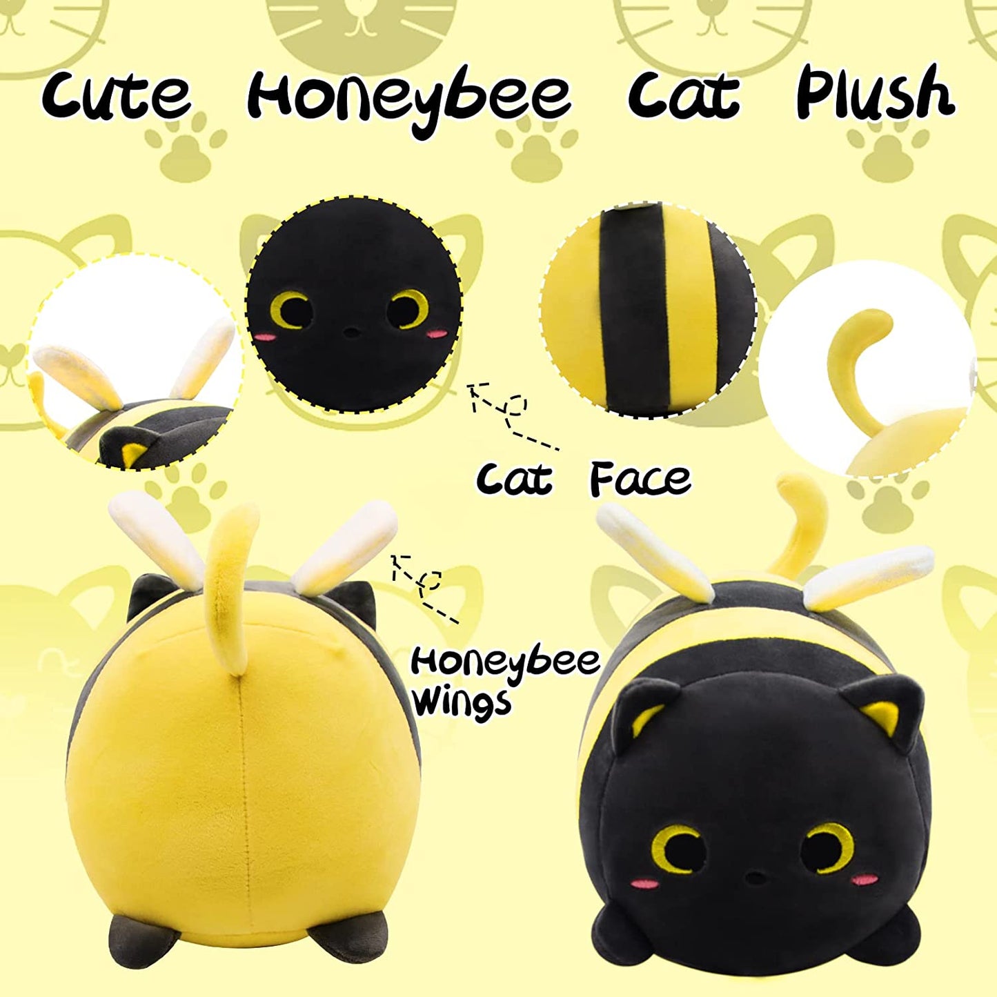 Cute Cat Bee Plush Pillow, 8" Black Cat Bee Stuffed Animal Kawaii Cat Bee Plushie, Soft Black Cat Bee Plush Toy Gift for Kid’s Birthday, Hugging Plush Cat Pillow for Girlfriend