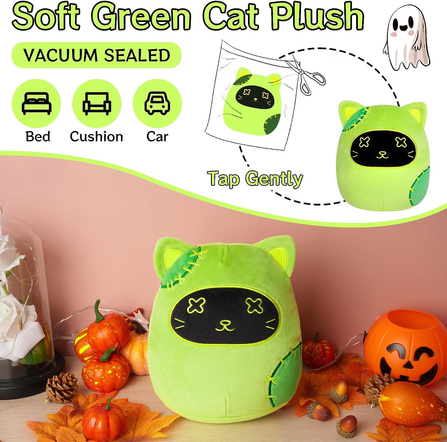 Green Cat Plush, Halloween Cat Plush Doll, Halloween Stuffed Animal Cat Plushie, Kawaii Halloween Plush, Halloween Cat Plush Pillow for Boys Girls