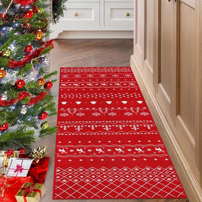 Christmas Runner Rug 2×6 ft, Christmas Kitchen Rugs with Snowflake, Xmas Decoration Non-Slip Washable Carpet Area Rugs for Bedroom, Living Room, Hallway, Balcony, Kitchen
