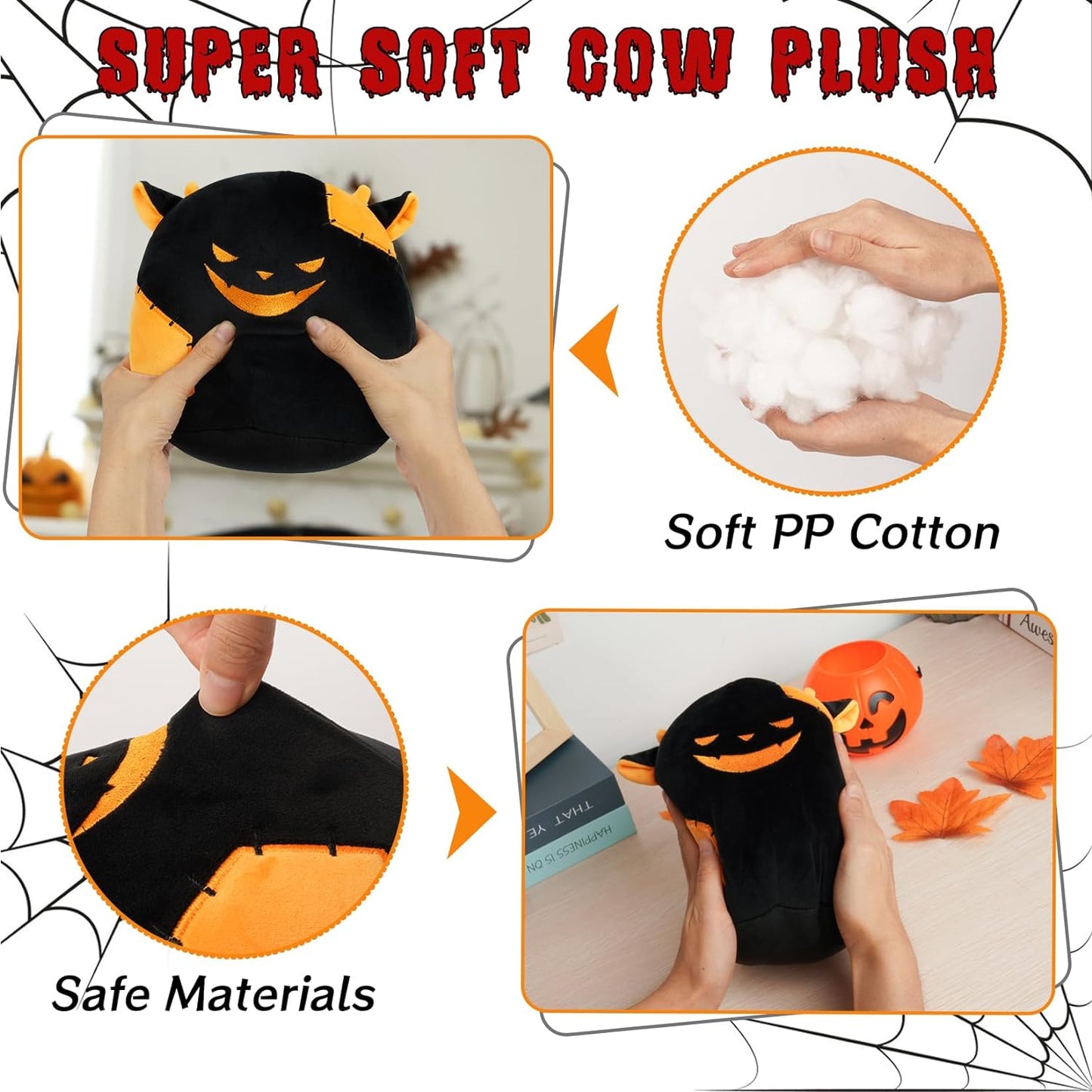 Halloween Plush Cow Stuffed Animals, Cute Soft Cow Plush Pillow Cow Plushies, Kawaii Stuffed Cow Toy Cow Plush Doll for Kids Girls Boys Decorations