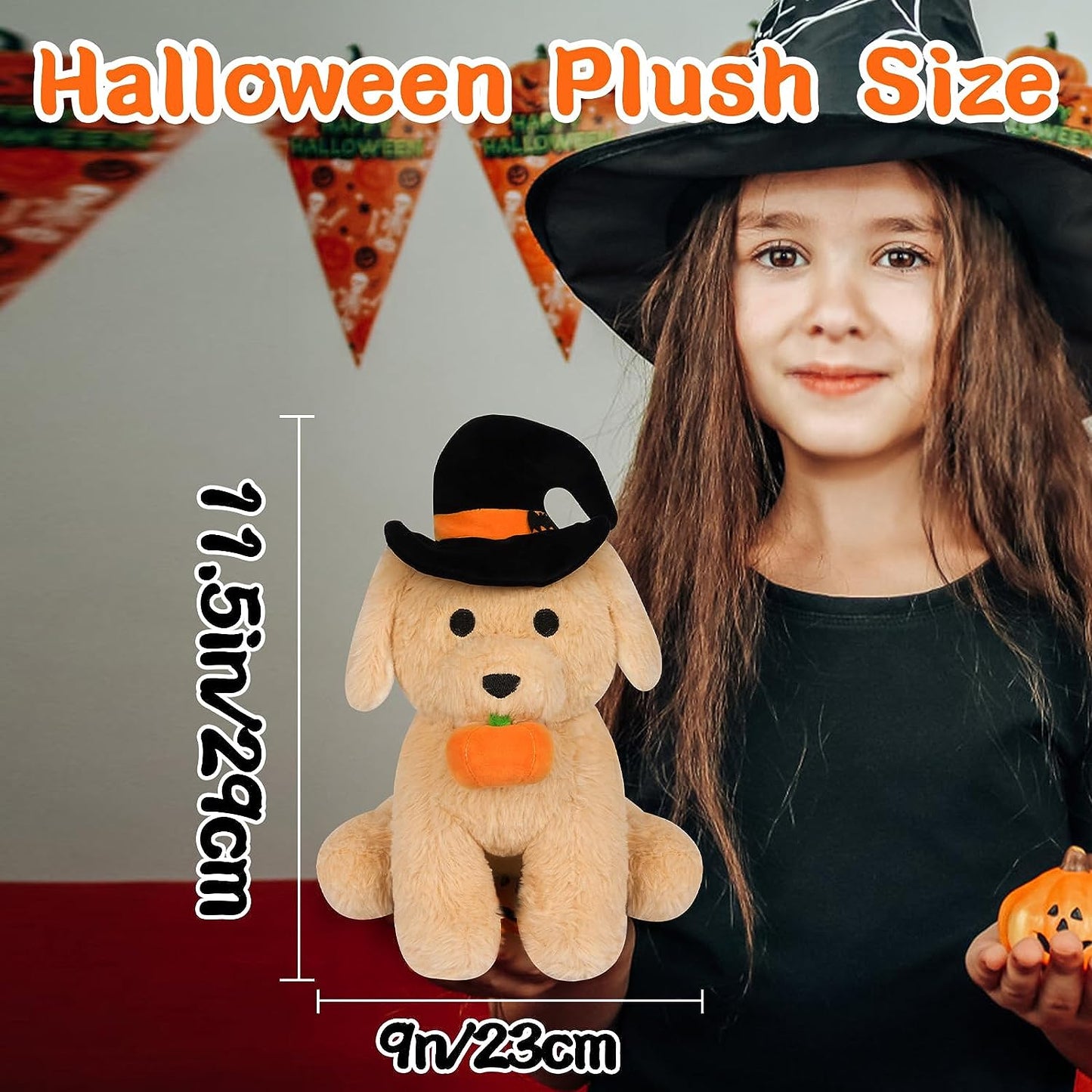 Dog Plush Dog Stuffed Animals for Kids, Cute Brown Stuffed Dog Plushies with Pumpkin Hat, Kawaii Stuffed Dog Toys Decorations