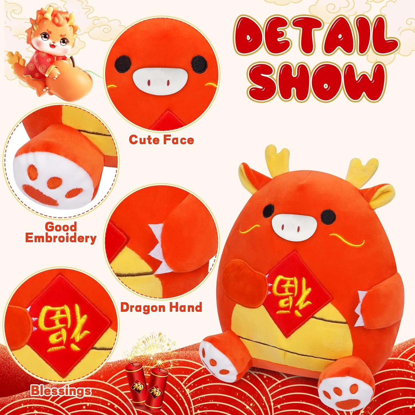 Chinese New Year Dragon Plush, 9inch Chinese Zodiac Dragon Stuffed Animal, 2024 Chinese New Year Decoration，New Year Gifts for Kids, Boys and Girls