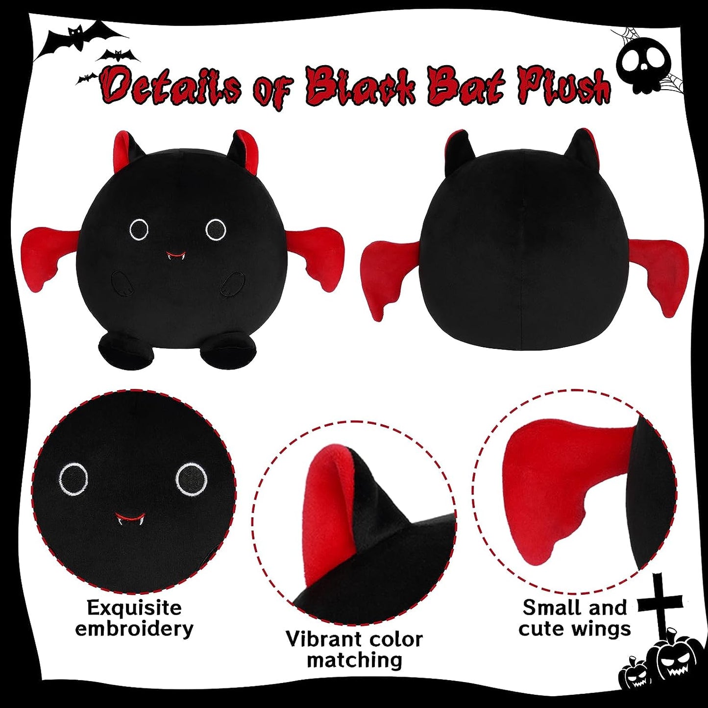 Juguete de peluche de murciélago, lindo peluche de murciélago, felpa de murciélago de Halloween, almohada de muñeca de murciélago negro suave para Halloween
