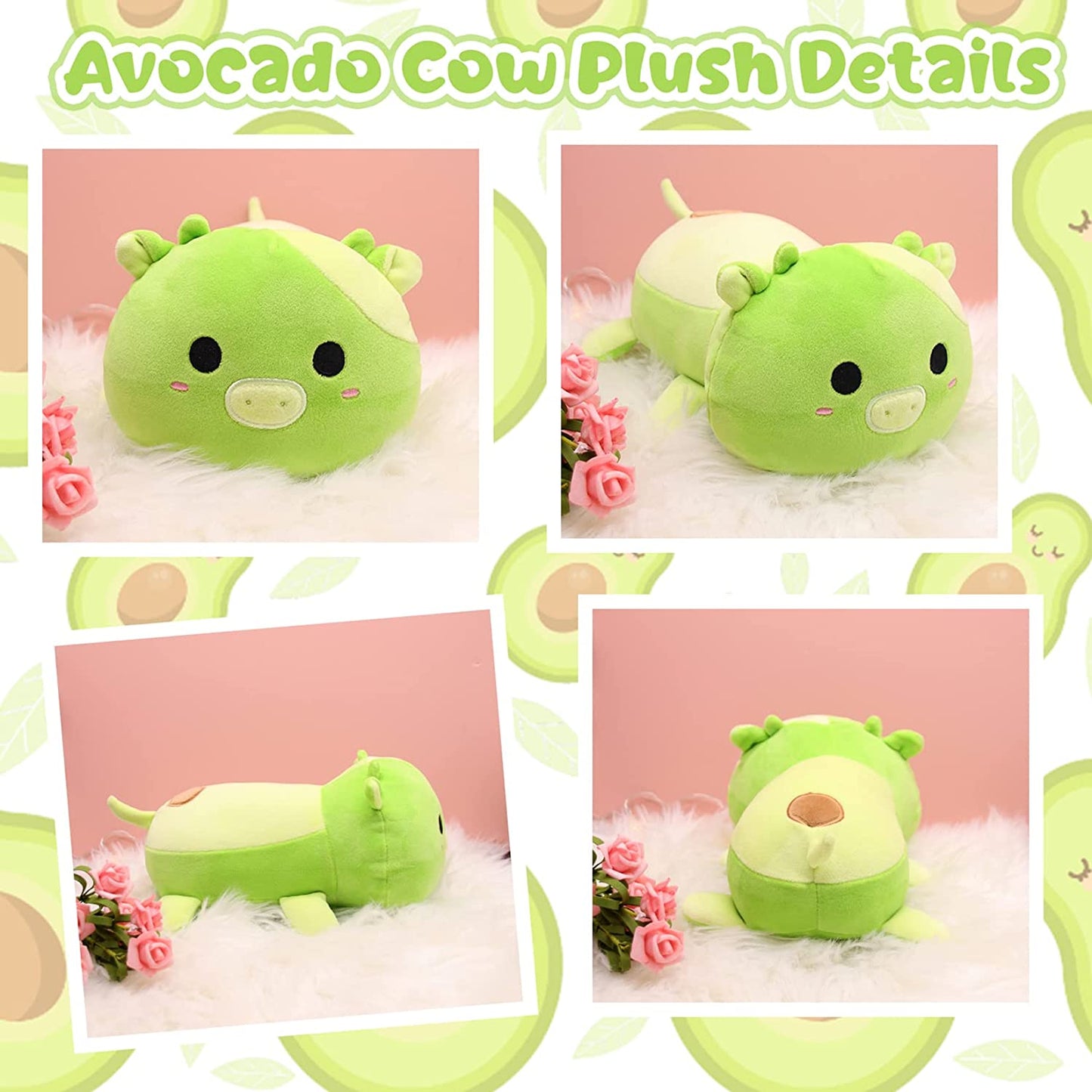 Cow Plush Pillow Toys, Cute Stuffed Animal Cow Plushies, Green Stuffed Pillow Plush Cow Doll, Kawaii Avocado Decoration, Soft Avocado Cow Plush Gifts for Kids Boys Girls