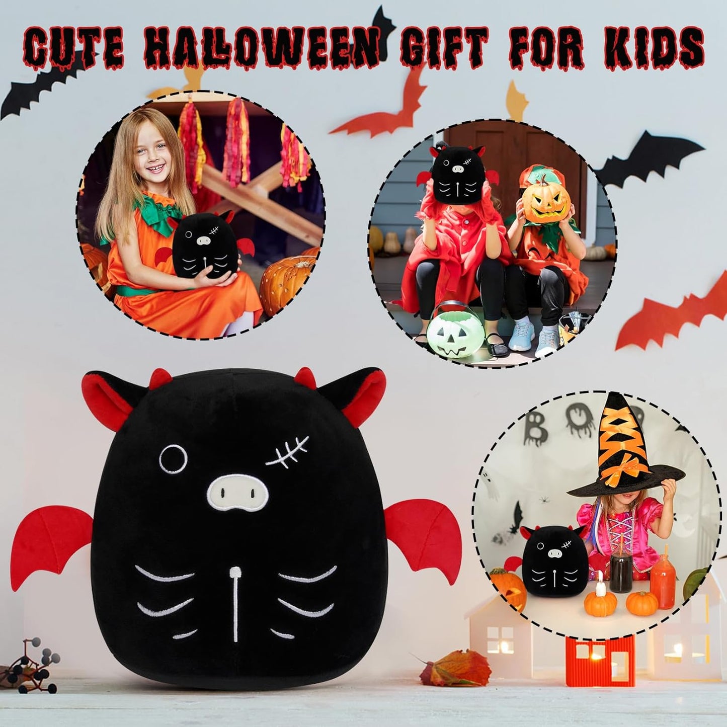 Cow Plushie Halloween Cow Stuffed Animal Toy, 20cm Cute Black Cow Stuff Plush Pillow, Kawaii Home Decor Halloween Bat Plush Doll Gift for Kids Boys Girls