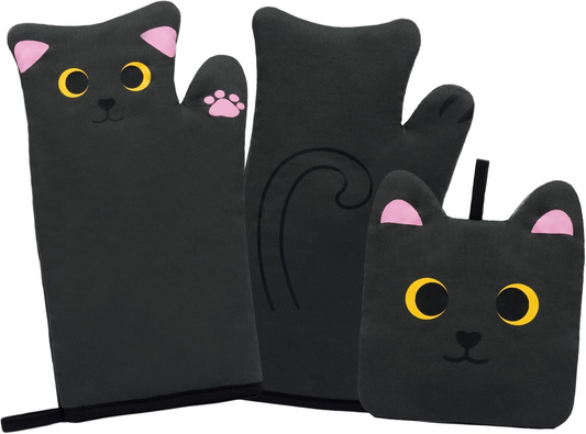 Oven Mitts,Cute Cat Design Cooking Glove,Quilted Cotton Lining,Heat Resistant Oven Mitts and Pot Holders Sets for Baking