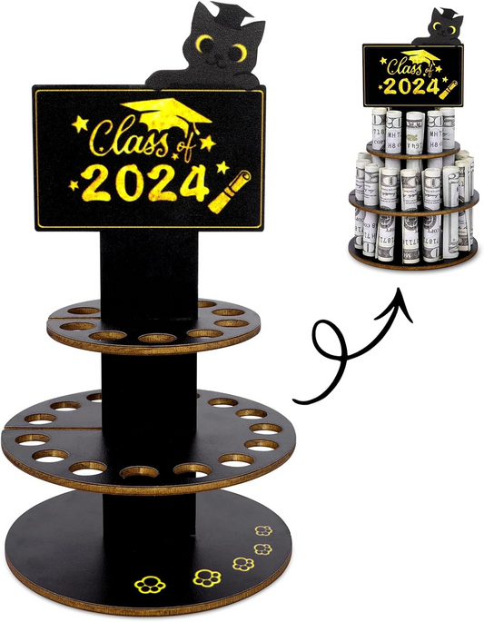Graduation Money Holder 2024, Wooden Double Layer Graduation Money Cake with 25 Holes for Class of 2024 Gifts