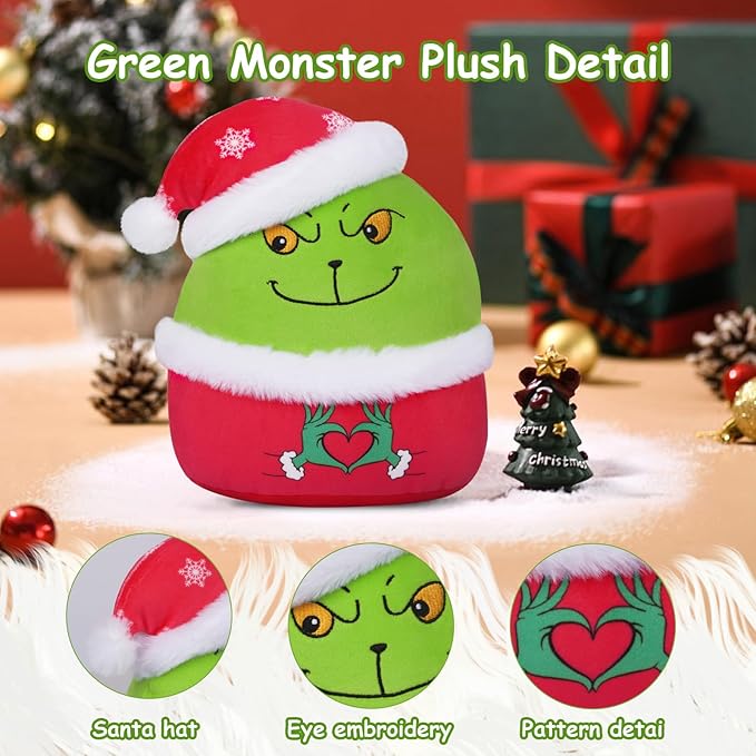 Christmas Plush Green Monster Plush,8inch Christmas Stuffed Animals for Kids, Cartoon Xmas Pillow for Boys and Girls, Women, Girlfriend, Xmas Decorations
