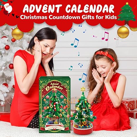 Advent Calendar 2024 Christmas Tree Building Blocks, 24 Days Christmas Countdown Christmas Tree Musical Block Box Kids Blocks with LED Light, Christmas Gifts for Kids Teens