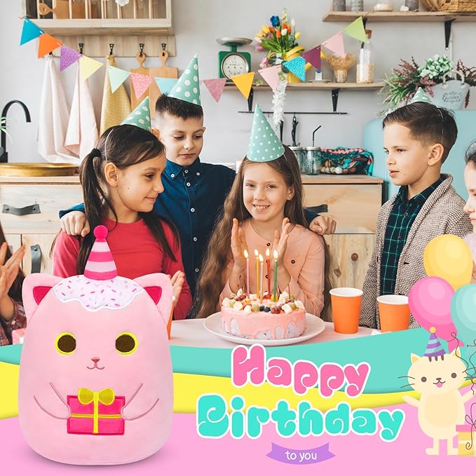 Birthday Plush Pillow,Birthday Cat Stuffed Animal Toy,Cute Pinks Cat Stuffed Animal with Gifts, Happy Birthday Cat Plush Toy,Soft Cat Plushie Birthday Gifts for Kids Girl