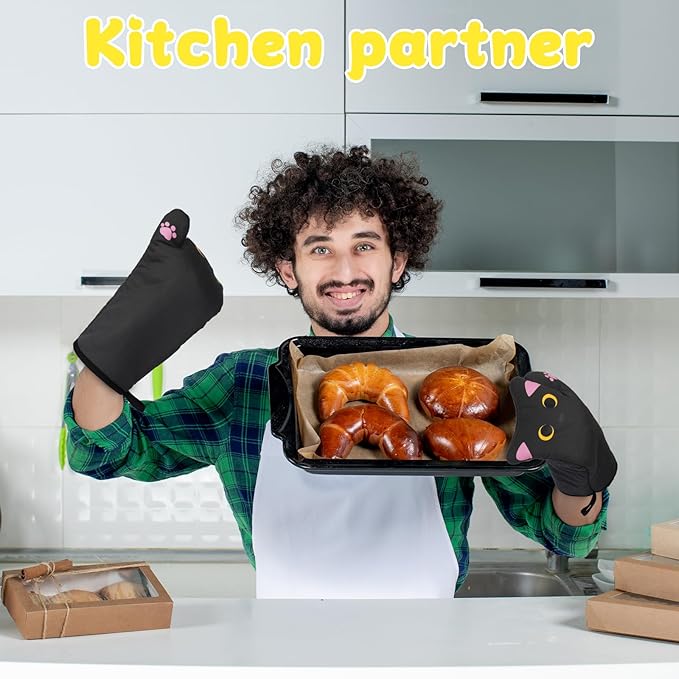Oven Mitts,Cute Cat Design Cooking Glove,Quilted Cotton Lining,Heat Resistant Oven Mitts and Pot Holders Sets for Baking,Microwave,Cute Oven Mitts Gift for Mom,Housewarming(Black)