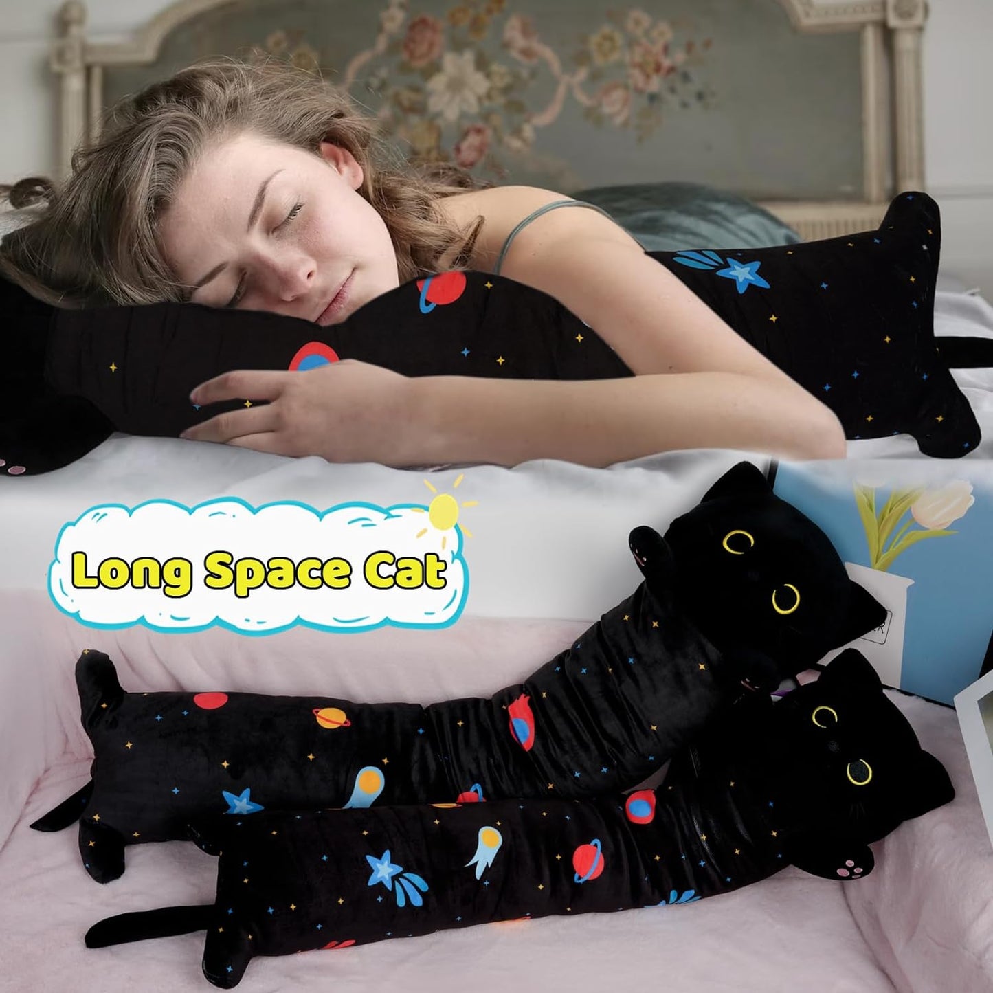 Long Cat Plush Long Cat Body Pillow, 43" Cute Long Cat Stuffed Animals，Soft Kawaii Long Cat Plushie, Black Cat Plush Long Space Cat Pillow Stuffed Cat Toys for Kids Birthday