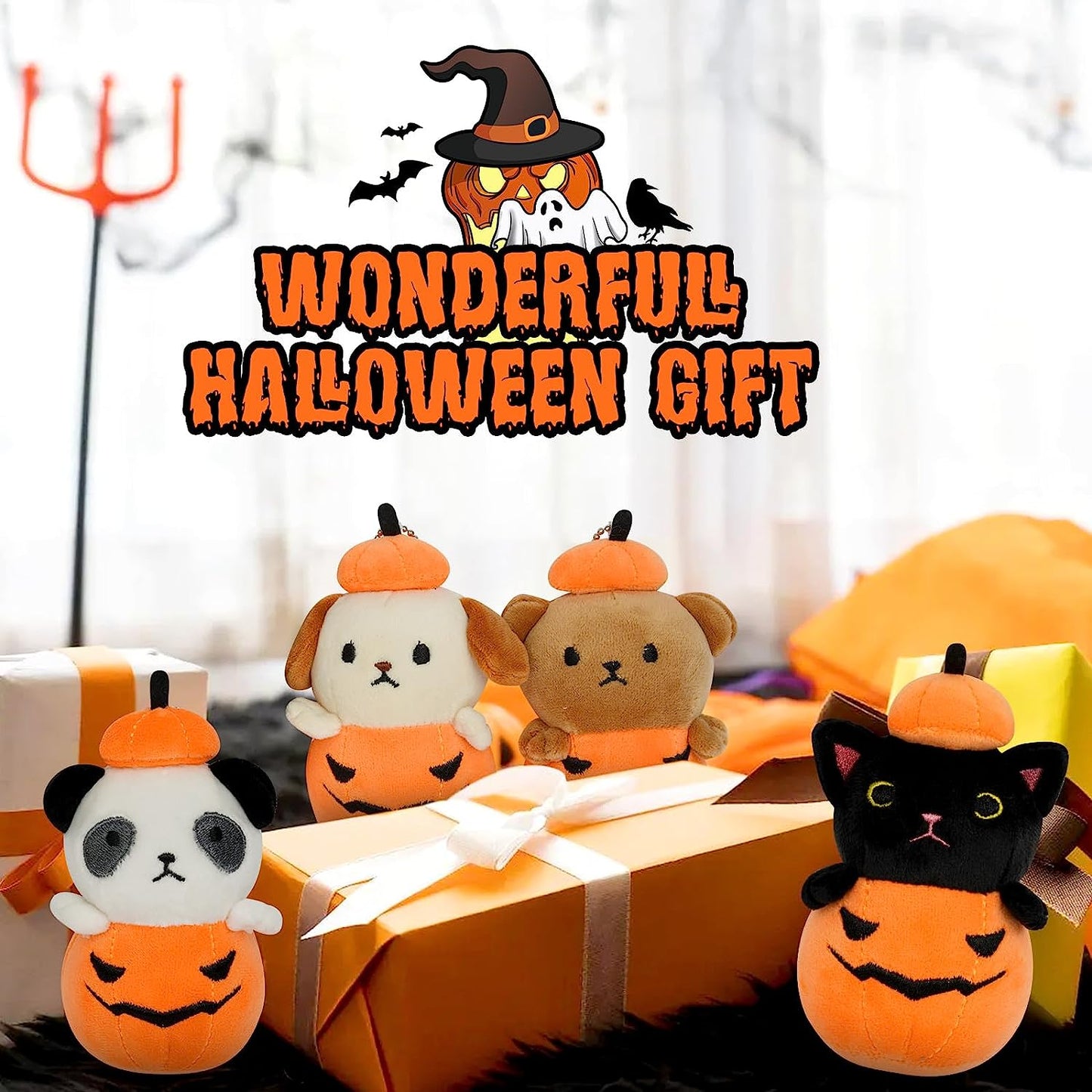 Animales de peluche de calabaza de Halloween, juego de 4 piezas de felpa de calabaza, lindo mini muñeca de animal de calabaza, regalo de almohada de felpa de Halloween, regalos de decoración de Halloween