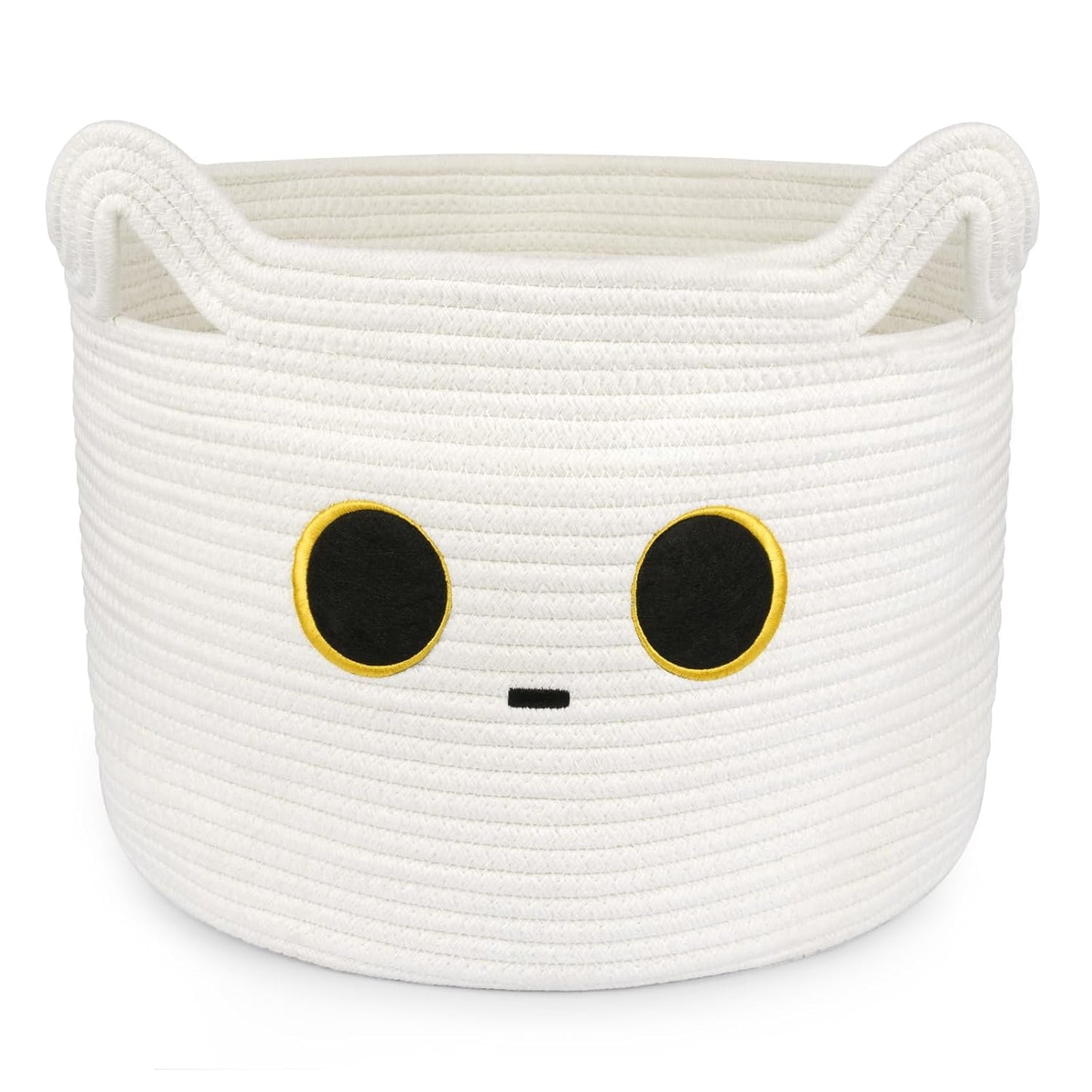 Cute White Cat Basket Round Basket, Cotton Rope Basket Woven Blanket Basket, Large Baby Laundry Basket For Nursery Hamper, Great Storage Basket for Gift, Pet Gift Basket 32L